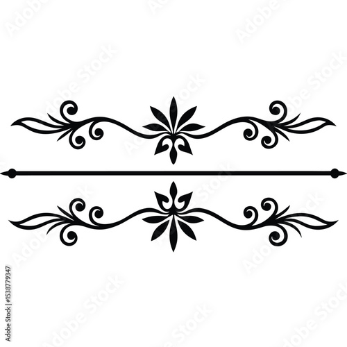 Two Black Decorative Divider Lines Set Featuring Floral and Swirl Elements on White Background Elegant Ornamental Design for Text Separation