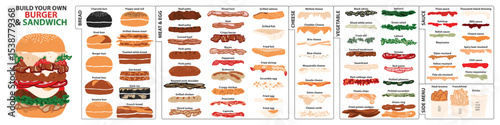 Set of isolated ingredients for build your own burger and sandwich. Cute hand drawn elements in minimal plain colors style on a transparent background.