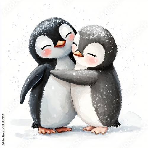 Two Adorable Penguins Embracing in Snowy Winter Wonderland A heartwarming illustration of penguin love