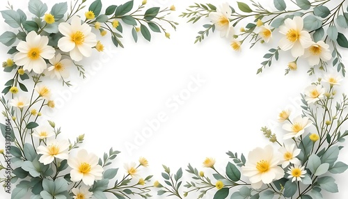 Vintage floral border with soft pastel roses, peonies, and leaves on white background. Perfect for wedding invitations, greeting cards, and elegant designs with space for text in the center.