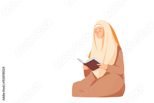 Woman in Beige Hijab Reading Dark Brown Book vector