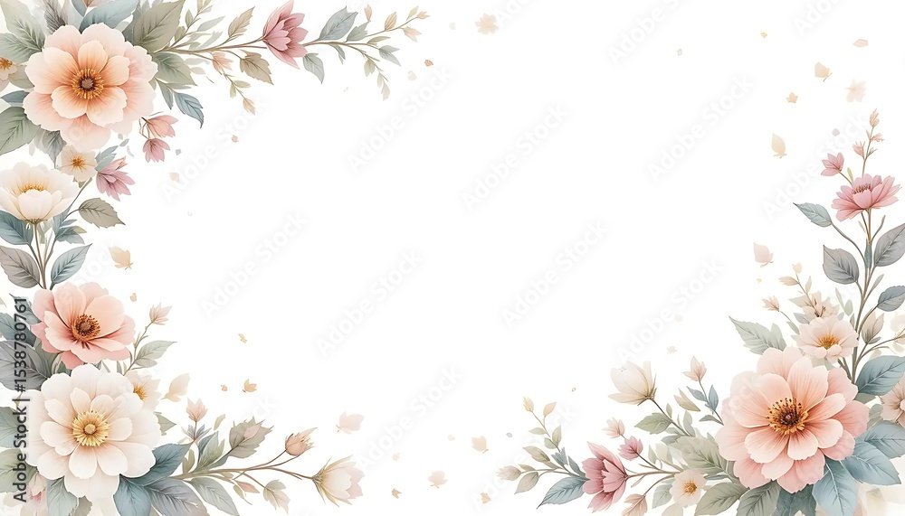 Fototapeta premium Vintage floral border with soft pastel roses, peonies, and leaves on white background. Perfect for wedding invitations, greeting cards, and elegant designs with space for text in the center.