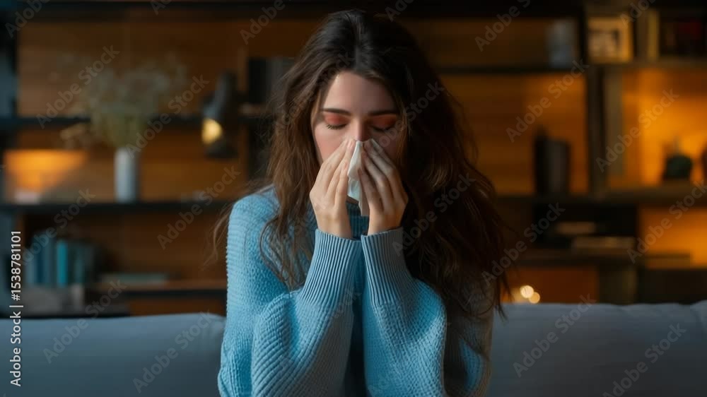 Young woman with a cold or allergy symptoms using tissue at home, health concept