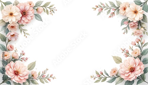 Vintage floral border with soft pastel roses, peonies, and leaves on white background. Perfect for wedding invitations, greeting cards, and elegant designs with space for text in the center.