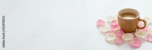 Hot coffee in a cup surrounded by scattered pink and white flowers petals on a white surface for a cozy morning or romance concept banner or poster with copy space.