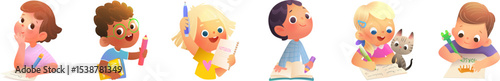 Back to school kids boys and girls writing and reading collection. Schoolchildren characters with books pencils and notebooks study to write and read. Colorful vector school children cartoon clip art.