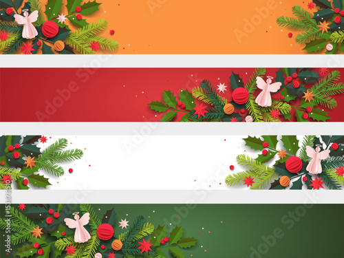 Paper cut template. Collection of Christmas vector greeting cards. Christmas tree, balls, and a decor isolated on a colorful background. Winter frame for holidays with place for text.
