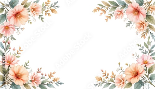Vintage floral border with soft pastel roses, peonies, and leaves on white background. Perfect for wedding invitations, greeting cards, and elegant designs with space for text in the center.