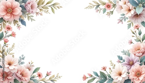 Vintage floral border with soft pastel roses, peonies, and leaves on white background. Perfect for wedding invitations, greeting cards, and elegant designs with space for text in the center.