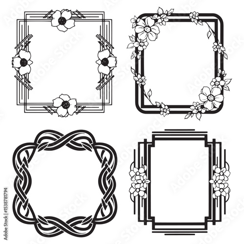 Line Art Decorative Floral Frames Set Collection
