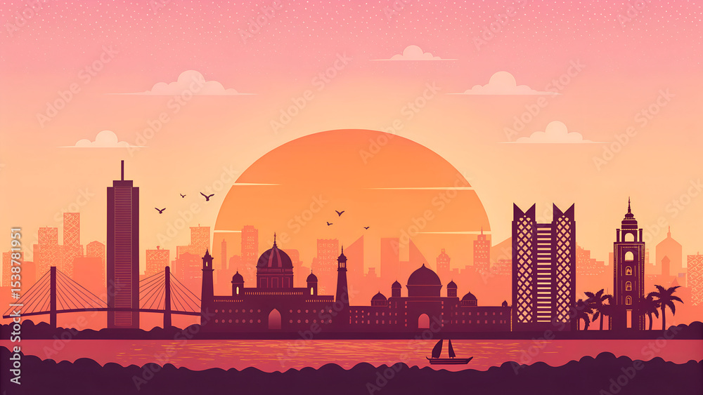 Obraz premium Mumbai skyline in minimalist vector, warm sunset gradient and grain generative ai