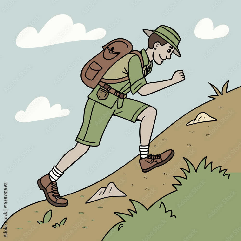 Naklejka premium A vector illustration of a scout boy climbing on rocky hill