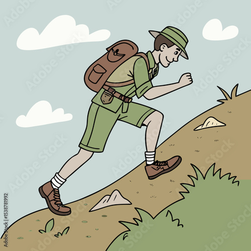 A vector illustration of a scout boy climbing on rocky hill