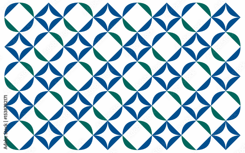 Fototapeta premium Floral batik background in Indonesian ethnic style using shades of blue and green. The repeated symmetrical design highlights a clean, contemporary tribute to cultural motifs. Seamless geometric art