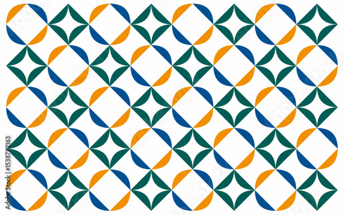 Bright Indonesian ethnic style batik background with orange, blue, and green floral shapes. The dynamic pattern balances traditional warmth and modern visual rhythm in a lively layout. Floral design 