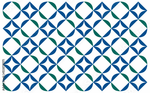 Fototapeta Naklejka Na Ścianę i Meble -  Floral batik background in Indonesian ethnic style using shades of blue and green. The repeated symmetrical design highlights a clean, contemporary tribute to cultural motifs. Seamless geometric art