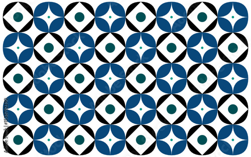 seamless pattern with blue flowers. An Indonesian ethnic style batik background with symmetrical blue floral patterns and black framing curves, combining tradition with bold contrast in a modern decor