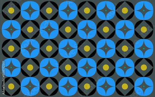 abstract seamless pattern with blue flowers. A strong floral background in ethnic batik style. Black and blue patterns with golden centers express bold Indonesian visual tradition.