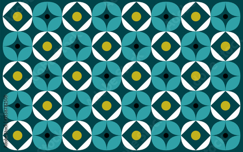 seamless pattern with geometric shapes. Clean and bold floral batik design in Indonesian ethnic style. White petals and gold centers on teal form a refined cultural background.