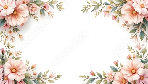 Vintage floral border with soft pastel roses, peonies, and leaves on white background. Perfect for wedding invitations, greeting cards, and elegant designs with space for text in the center.
