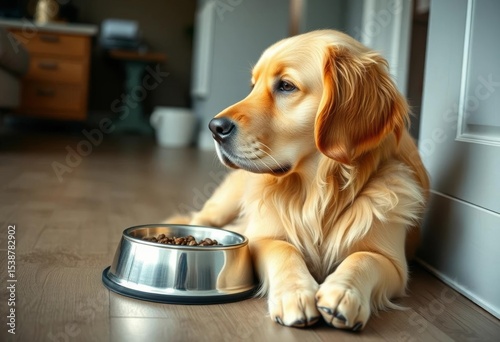 Golden retriever, fluffy fur, relaxed pose, metal food bowl, apartment floor, looking away ,  friend, dog