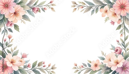 Vintage floral border with soft pastel roses, peonies, and leaves on white background. Perfect for wedding invitations, greeting cards, and elegant designs with space for text in the center.