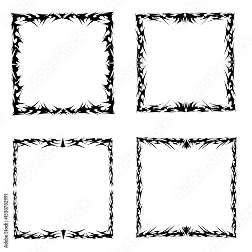 Neo Tribal frame set. Cyber sigilism elements, Y2K gothic style with sharp spikes in rectangular shapes on a black and white background. Vector.

