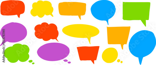 Set of bold flat comic-style speech and thought bubbles in bright solid colors. Ideal for posters, comics, stickers, infographics, and modern graphic design projects