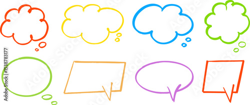 Vector set of colorful doodle-style speech and thought bubbles. Hand-drawn comic elements for note-taking, presentations, infographics, or social media designs