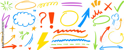 Vector hand-drawn colorful arrows, symbols, check marks, speech bubbles and underline doodles on transparent background. Fun sketch elements for note taking or infographic design