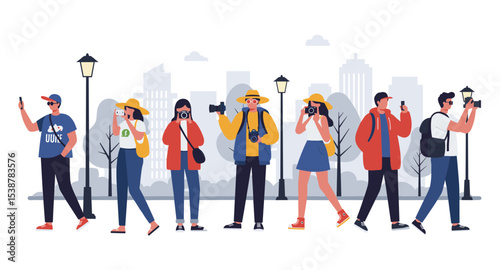 Flat vector tourists taking pictures in city area