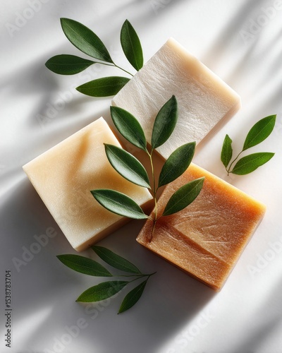 Wallpaper Mural Natural soaps with fresh leaves arranged on a light surface. Torontodigital.ca
