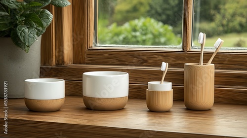 White ceramic and bamboo bathroom containers with toothbrushes Three sizes of cups and a toothbrush holder