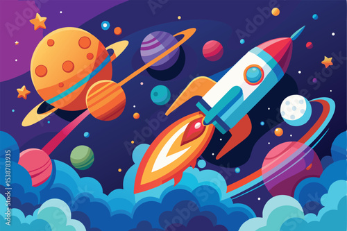 Colorful rocket launching through vibrant space scene