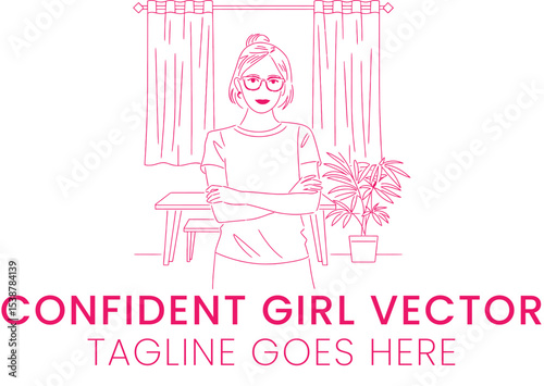 Confident Young Woman Vector Illustration Minimalist Line Art Style  Home Office Setting bun girl   