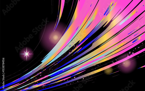 Vibrant abstract illustration in vaporwave style, featuring dynamic, sharp black streaks radiating from a bright pink, yellow, and blue, giving a sense of energetic motion.