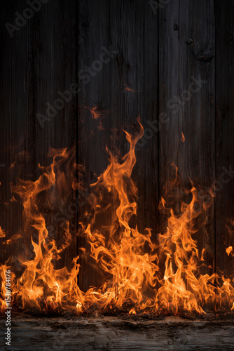 Intense flames licking a rustic, dark wooden surface, creating a dramatic display of heat and texture.