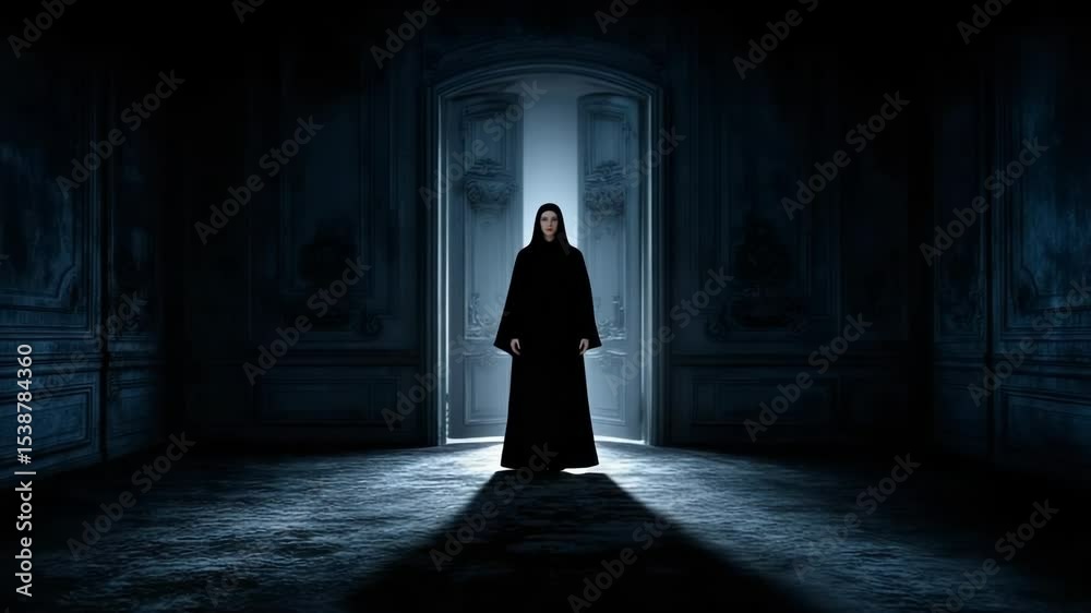 Eerie cloaked figure in gothic hallway with open door and bright light emitting