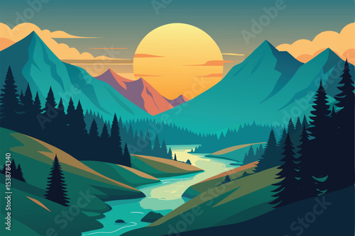 Serene sunset landscape with mountains river and forest