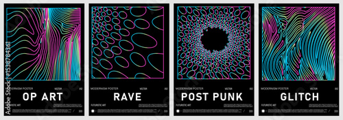 Vector illustration set in trendy futuristic op art style, featuring wavy neon lines, abstract shapes, and ripple effects. Colors include cyan, pink, blue, and purple on black background.