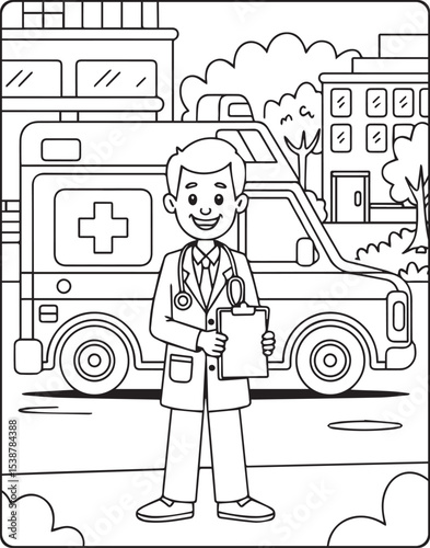 A cute doctor with ambulance in hospital coloring page for kids, black and white line art vector illustration for medical student coloring book