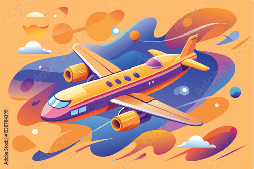 Vibrant airplane soaring through abstract cosmic landscape