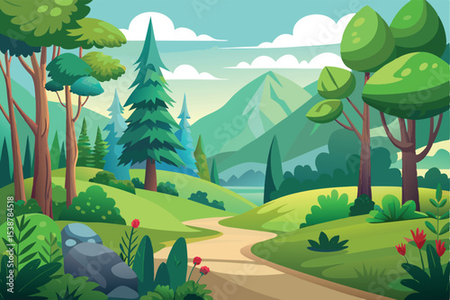 Serene mountain landscape with winding path and lush greenery