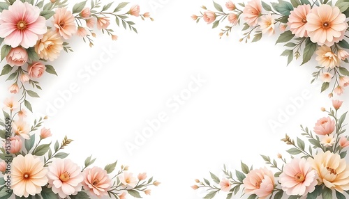Vintage floral border with soft pastel roses, peonies, and leaves on white background. Perfect for wedding invitations, greeting cards, and elegant designs with space for text in the center.