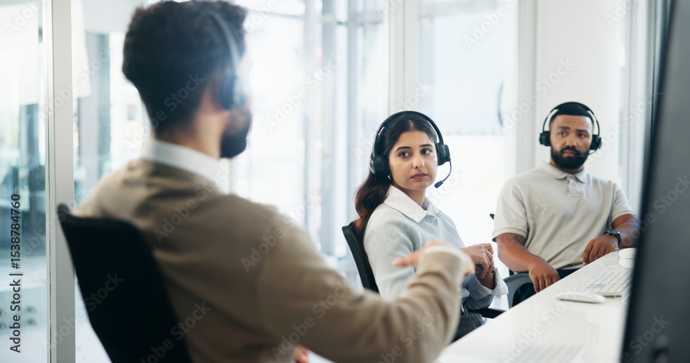 Contact center, woman and training group for help with call monitoring specialist. Intern, team and coaching for customer support, service and CRM compliance with question for quality assurance Contact center, woman and training group for help with call monitoring specialist. Intern, team and coaching for customer support, service and CRM compliance with question for quality assurance