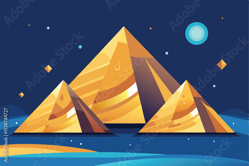 Stylized golden pyramids at night under a celestial sky
