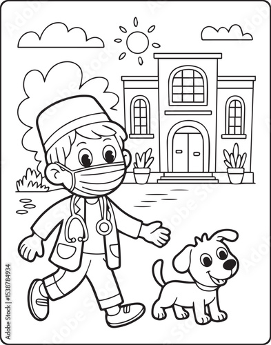 A cute doctor with mask going to hospital coloring page for kids, black and white line art vector illustration for medical student coloring book