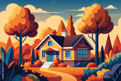 Autumnal suburban house in vibrant colors