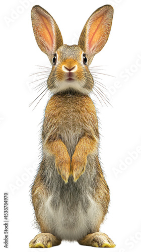 Standing rabbit with erect ears, front view, fluffy fur