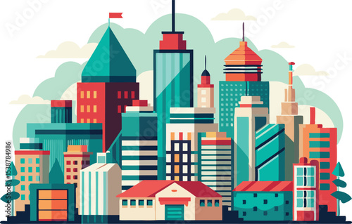 Vibrant cityscape illustration featuring modern and classic architecture